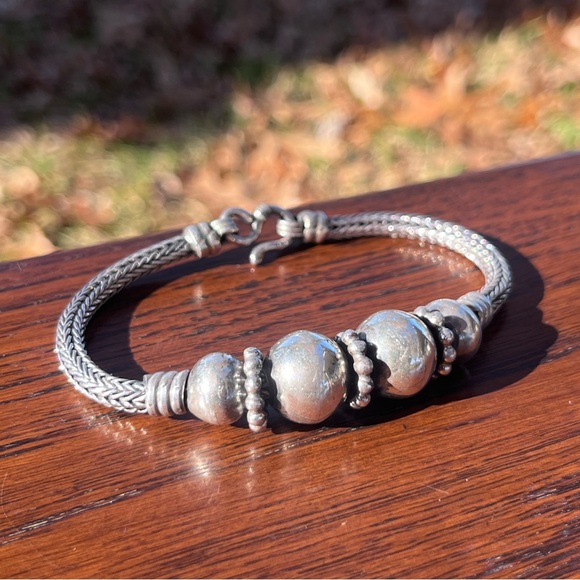 Vintage Sterling Silver Wheat Link Beaded Bracelet - Picture 2 of 15